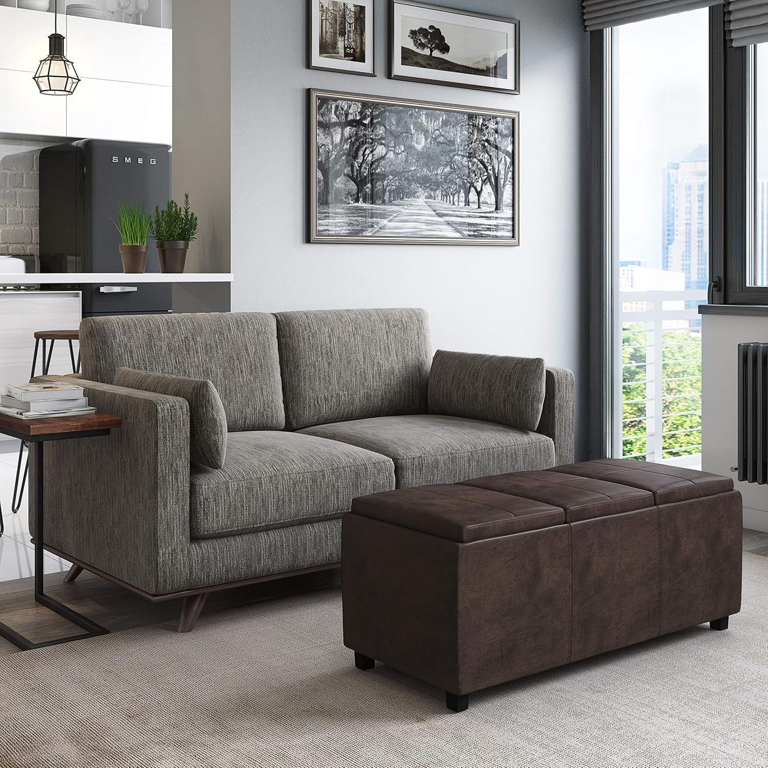 SIMPLIHOME Avalon Storage Ottoman - 42 inch Wide Upholstered Vegan Leather Rectangular Flip-Top Ottoman in Distressed Brown, Contemporary Coffee Table Ottoman for Living Room with Hidden Storage