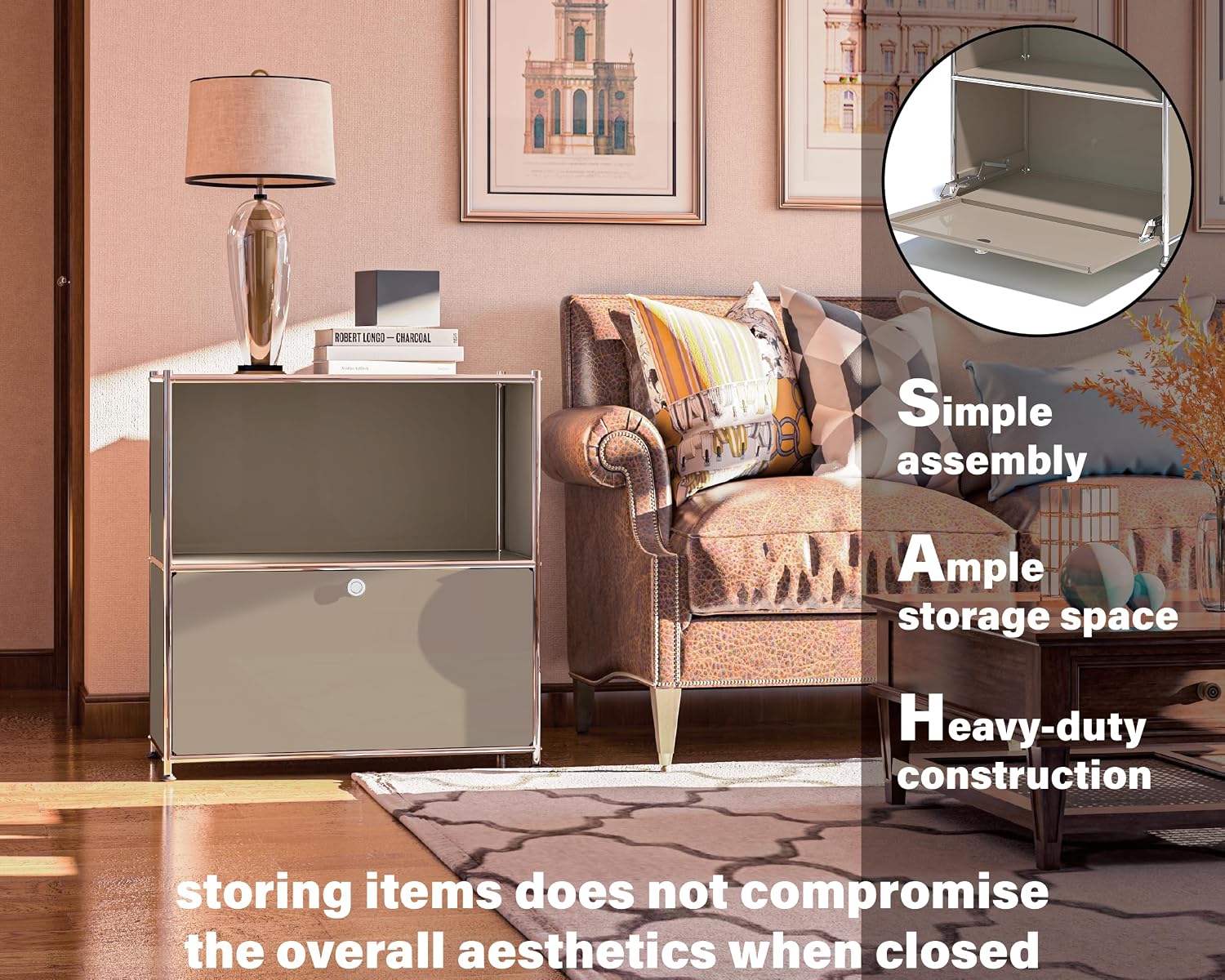 32.5-Inch Flip-Top Storage Cabinet with Detachable Wheels, Metal Side Table and Small Sideboard Cabinet for Living Room, Bedroom, Office, Orange