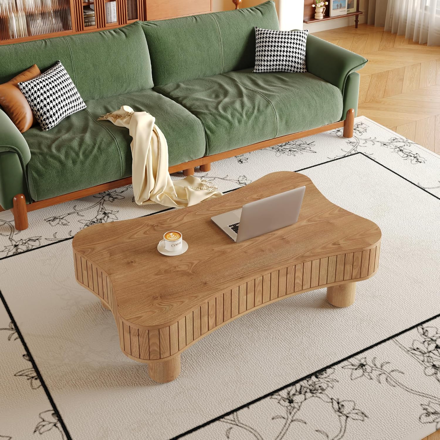 42' Cloud Fluted Lift Top Coffee Table with Hidden & Open Storage, Modern Center Table with Hydraulic Raising Mechanism, Irregular Shape Tea Table with Curved Safety Corners, Light Brown