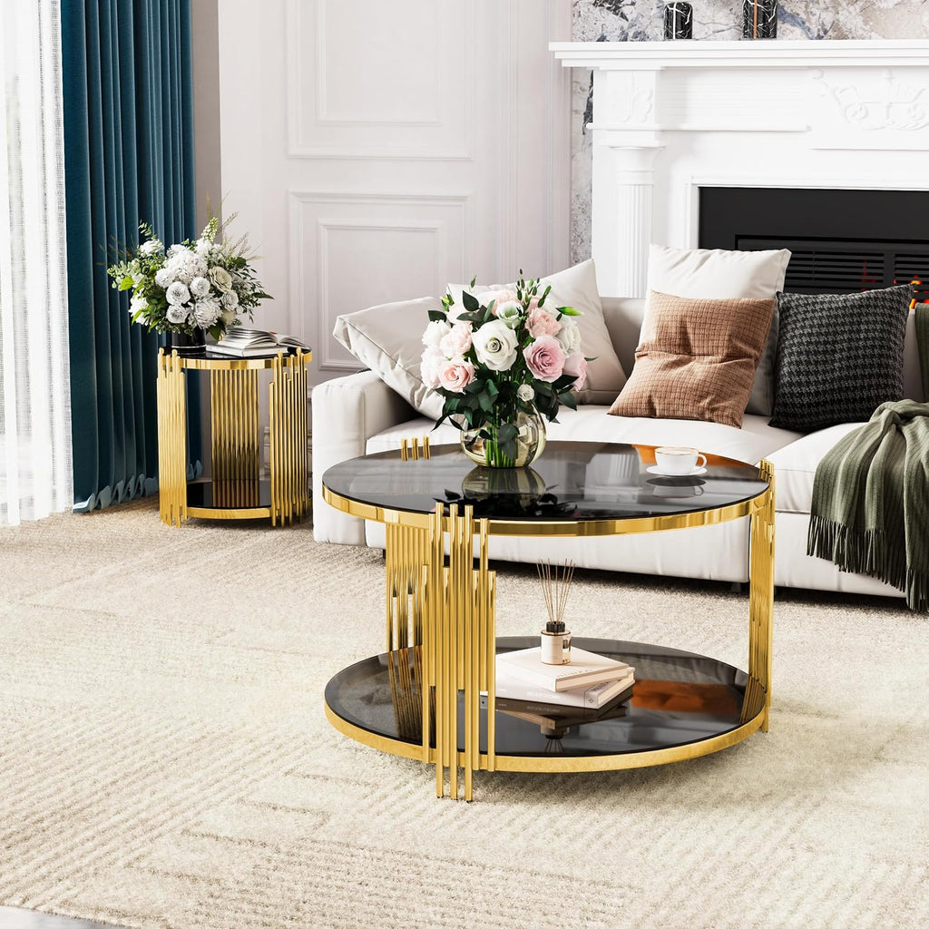Merax Round Table Set of 3, with 1 Coffee Table & 2 End Tables, Black Mirror, Asymmetrical Metal, Gold Finish & Lower Shelf, for Living Room Apartment, Black