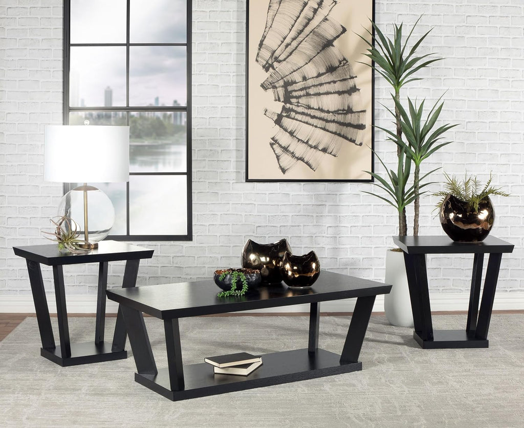 Coaster Home Furnishings - Aminta - Wood - 3-Piece Coffee and End Table Set with Beveled Tops, Angled Legs, and Flush Squared Base - Contemporary Style - Living Room - Black - 753434