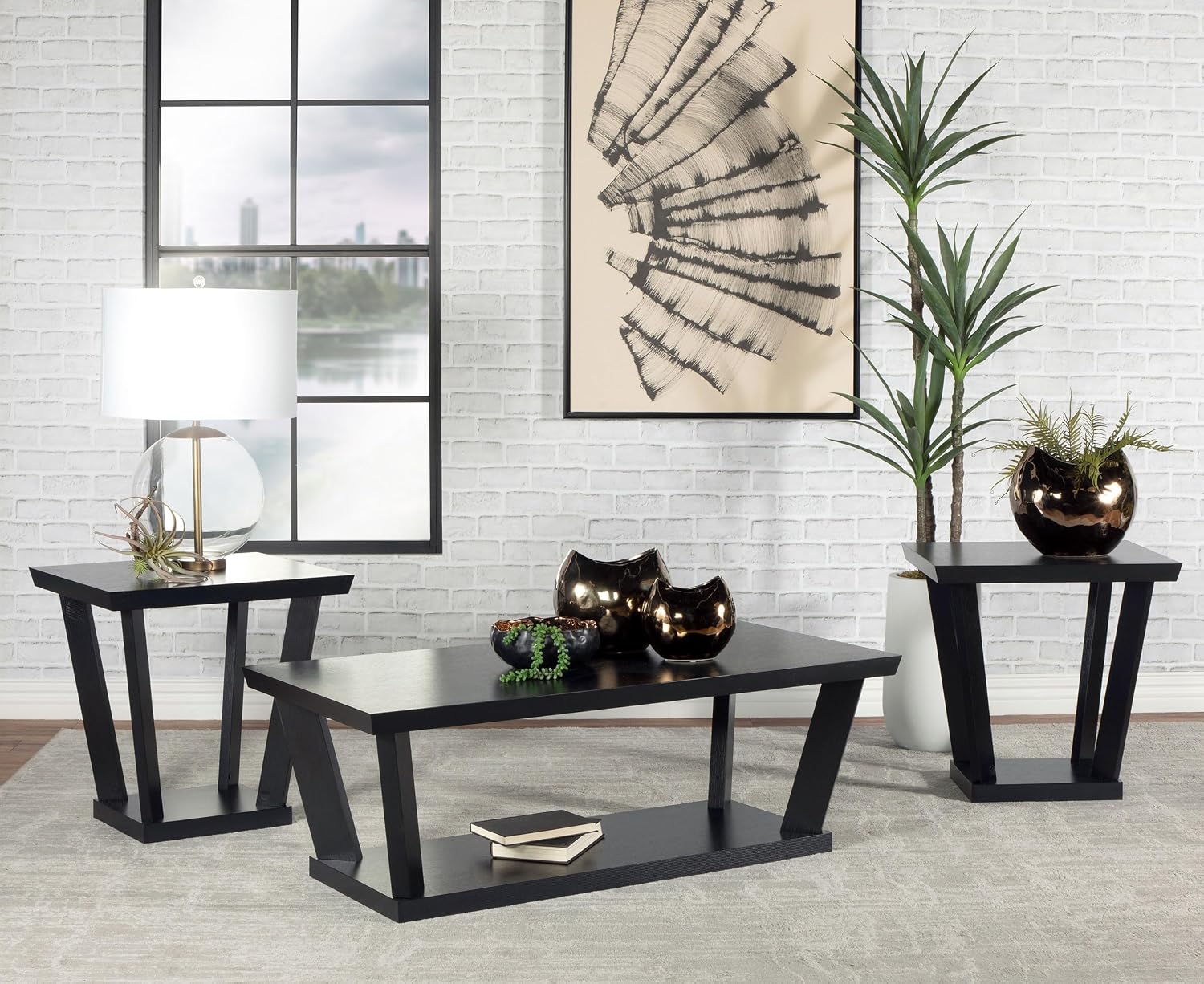 Coaster Home Furnishings - Aminta - Wood - 3-Piece Coffee and End Table Set with Beveled Tops, Angled Legs, and Flush Squared Base - Contemporary Style - Living Room - Black - 753434