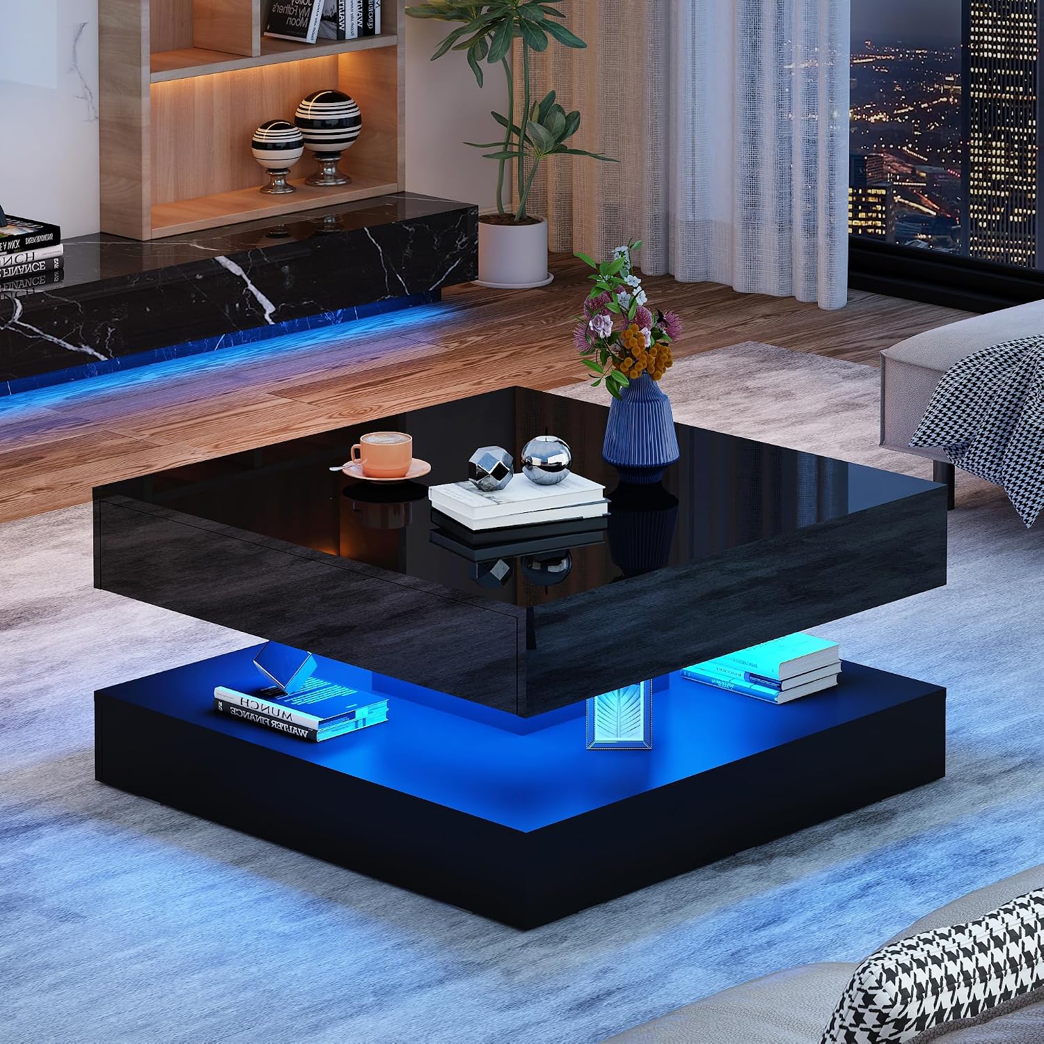 jiteentarou 33.9' LED Coffee Table with Storage, Modern High Glossy Living Room Table w/2 Drawers,Double-Layer Design Large Square Center Table for Living Room, Home, Office, Black