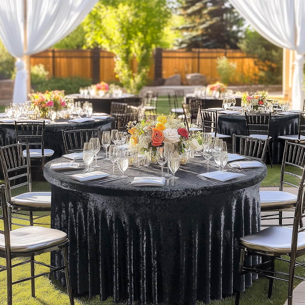 Outpain 6Pack 60 Inch Round Velvet Tablecloths - 120 Inch Stretch Spandex Table Cover with Floor-Length Skirt, Wrinkle-Free Luxury Elastic Table Cloths for Weddings,Banquets,Events (Black)