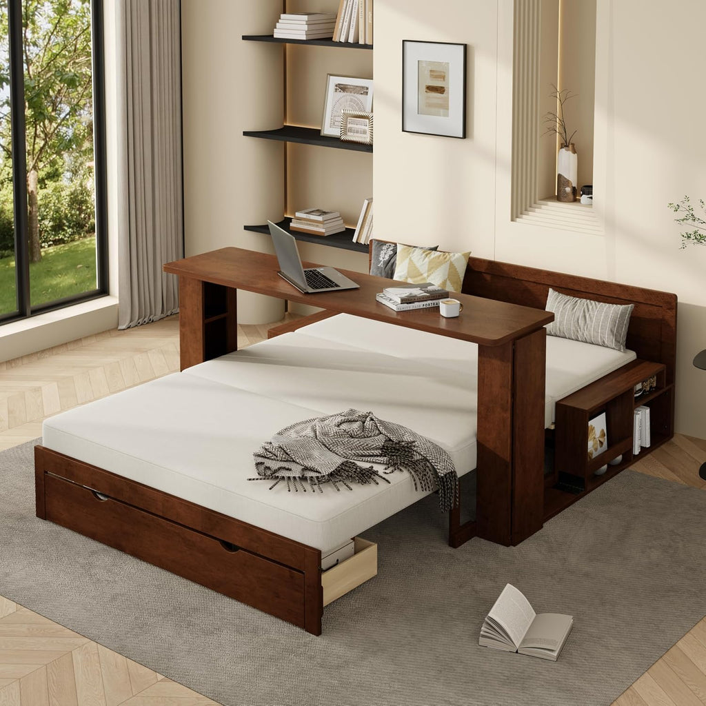 Wood Daybed Full Size with Removable Desk and Extendable Armrests, 4-in-1 Multifunctional Design Daybed Sofa Bed with Storage Drawers & Hydraulic Side Table (Espresso-11.27, Full)