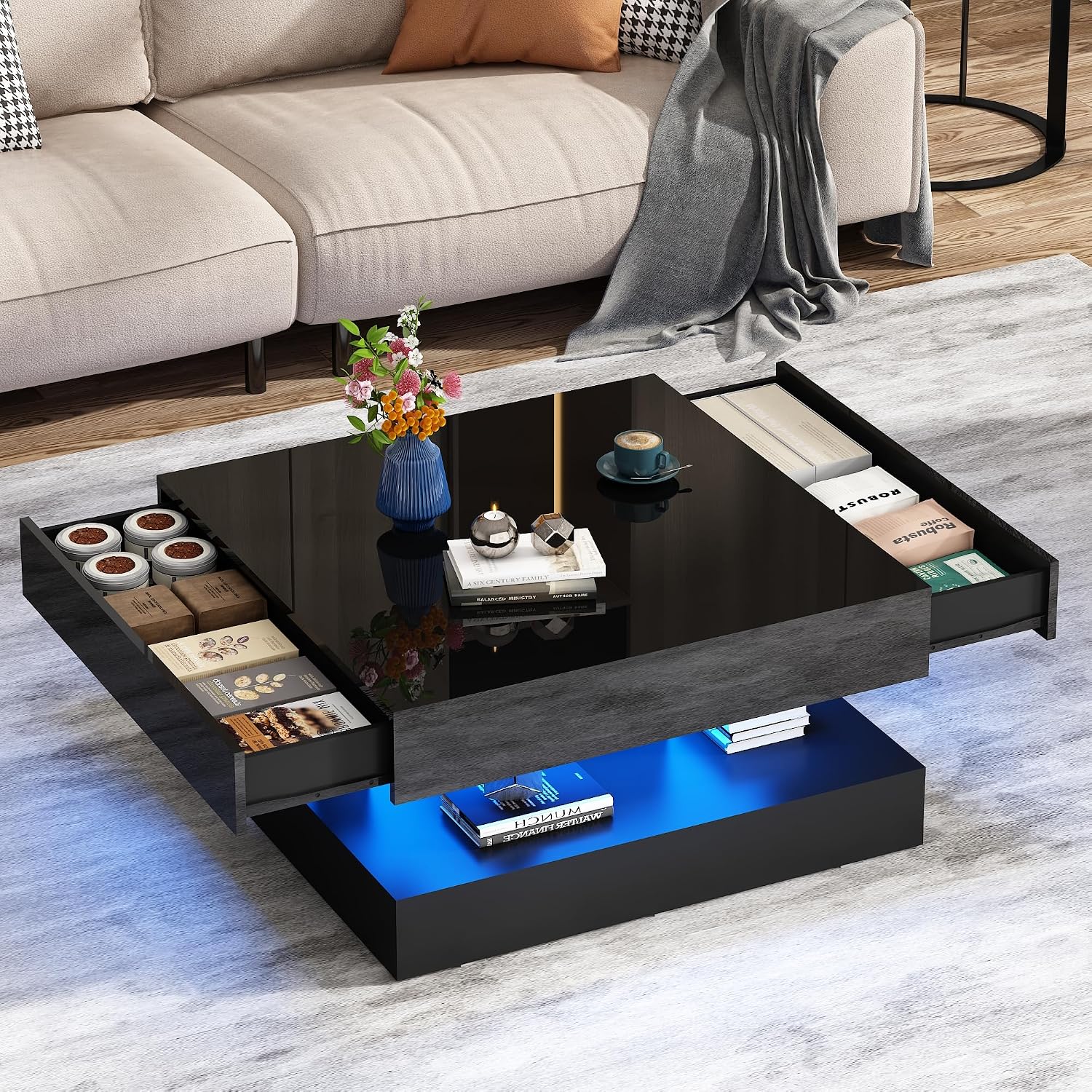 jiteentarou 33.9' LED Coffee Table with Storage, Modern High Glossy Living Room Table w/2 Drawers,Double-Layer Design Large Square Center Table for Living Room, Home, Office, Black