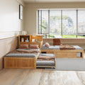 RuiSiSi Twin L-Shaped Bed with Trundle, LED Light & Storage Cabinets, Corner Bed with Frame Desk and Shelves for 3 Kids, Wood L-Shaped Platform Bed with Bookcase, Natural
