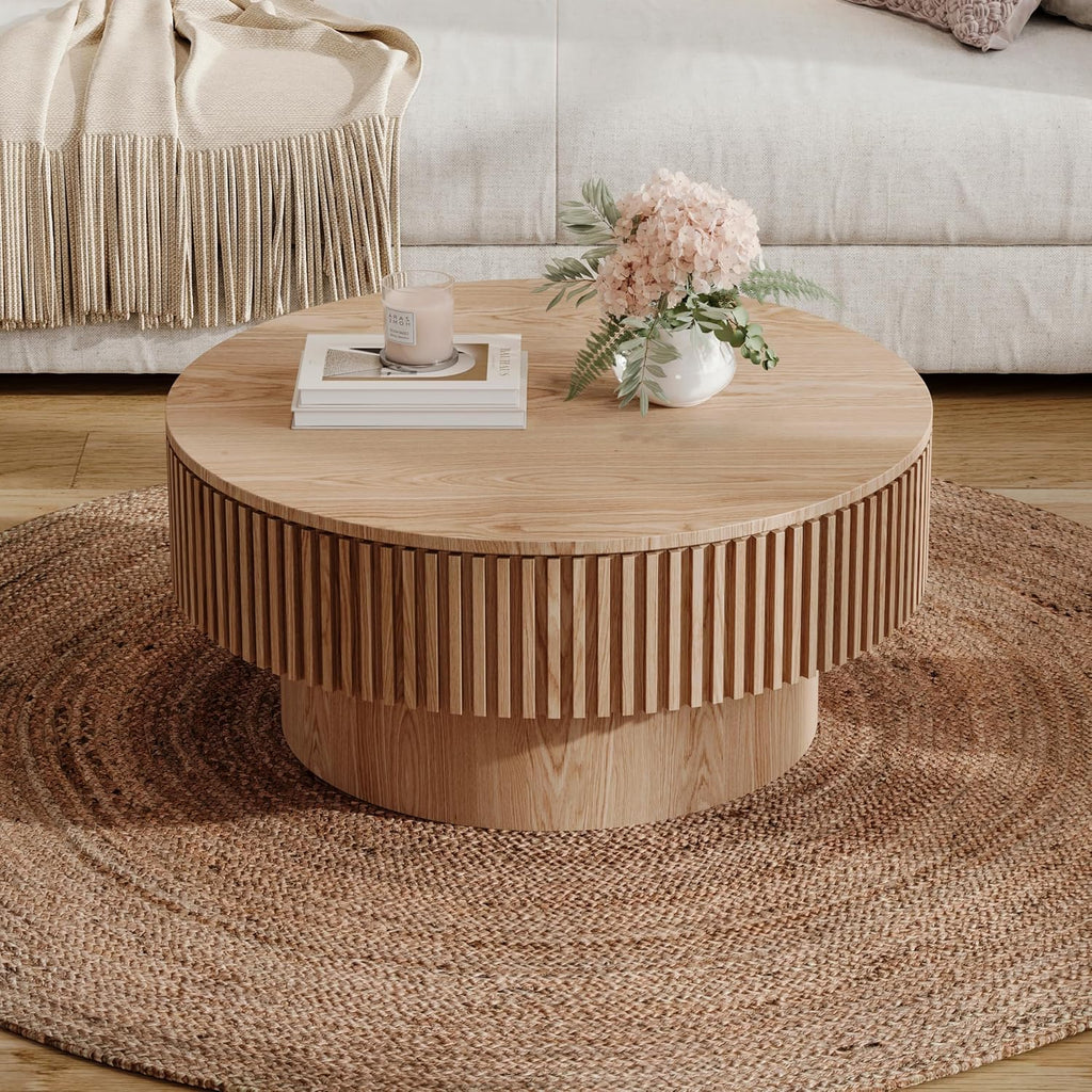 JUSTONE 31.5' Round Coffee Table,Farmhouse Wood Coffee Table with Storage for LivingRoom,Apartment,Office,Natural