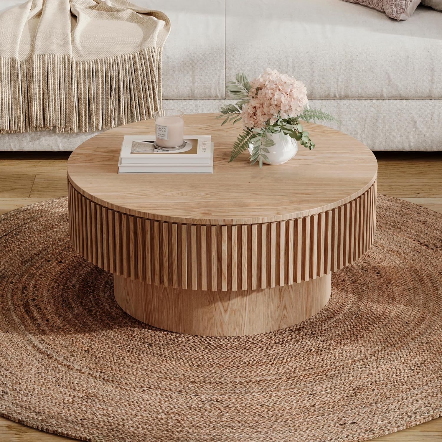 31.5'' Round Coffee Table with Storage Space, Modern Wood Circle Fluted Drum Pedestal Coffee Table for Living Room, Easy Assembly, Oak (ø31.49'' x 14'')