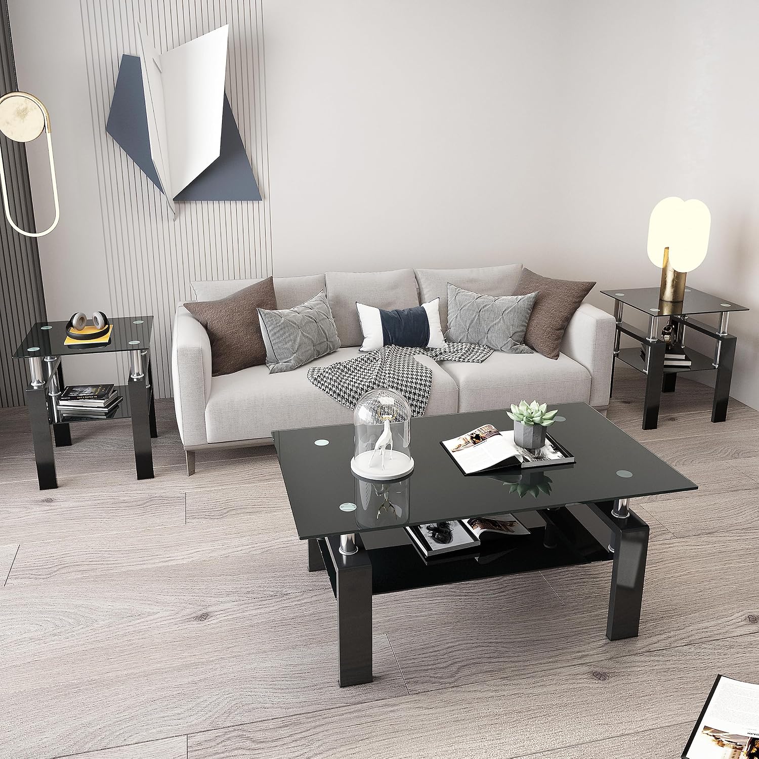 Living Room Tables Set,3 Piece Glass Coffee Table and End Tables Set with Tempered Glass Tabletop and Metal Frame for Living Room,Apartment, Small Space, Full Black