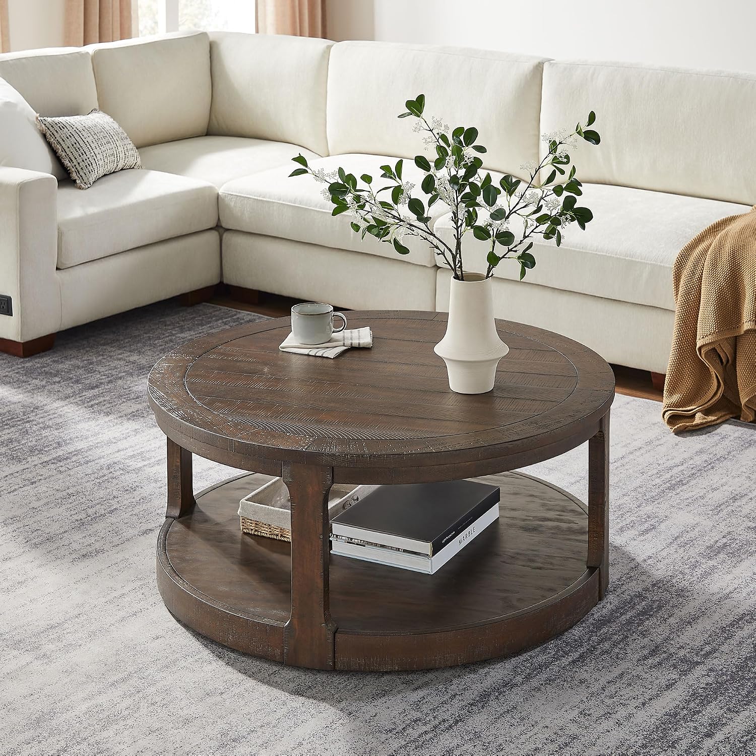 WILLIAMSPACE 40' Round Coffee Table with Wheels, Circle 2 Tier Solid Wood Center Coffee Table, Mid Century Retro Farmhouse Rounded End Table for Living Room Apartment, ø40 x 17.52' H (Dark Brown)