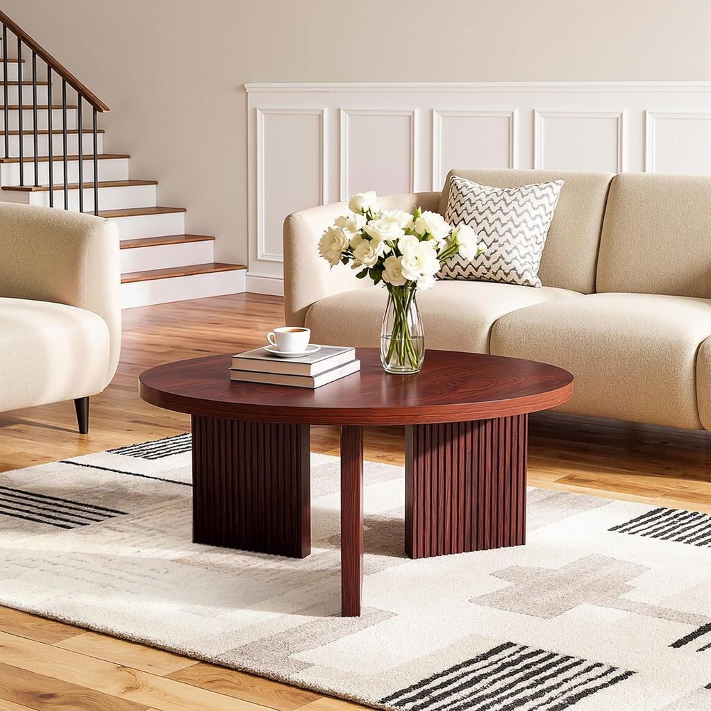 Wooden Round Coffee Table, 35' Coffee Table with Smooth Thick Mesa, Low Circle Center Table with X Shaped Stable Legs, Accent Tea Table for Living Room, Office, Burgundy