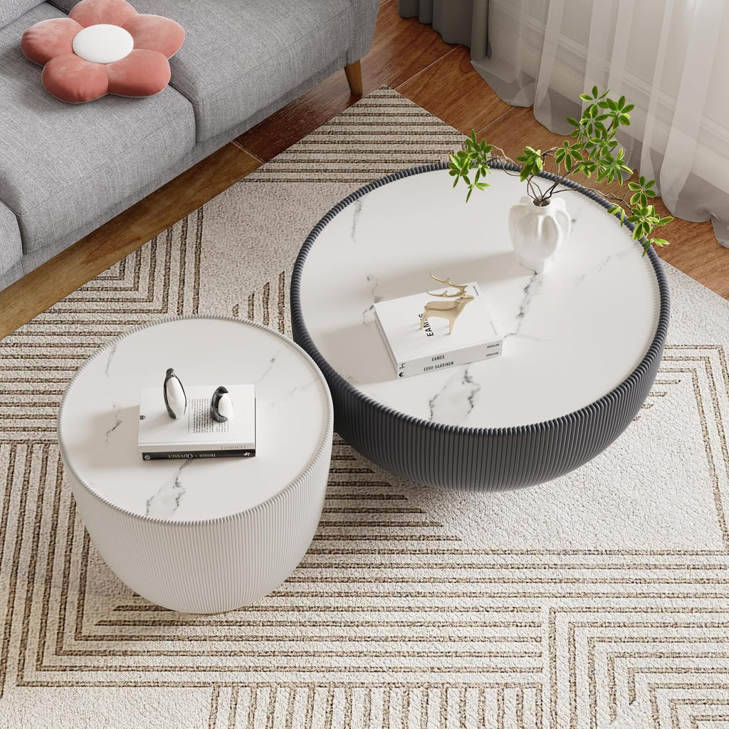 Round Coffee Table Set with Sintered Stone Tabletop, 27.56' Grey Drum Center Table and 19.69' White Coffee Table Set, 2 Pieces Living Room Table Set with Fluted PU Leather Cover& Metal Base