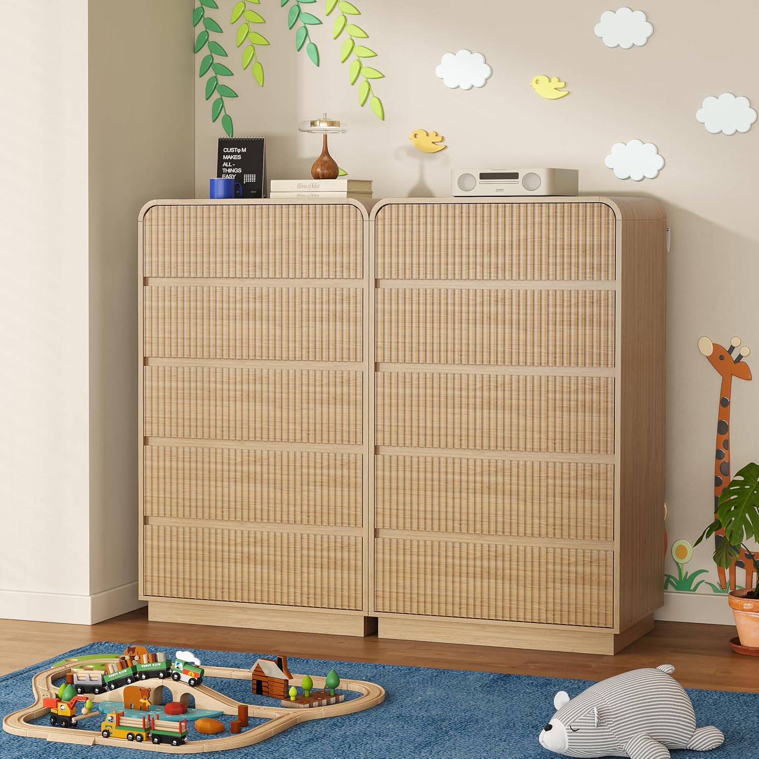 BORNOON Tall Dresser for Bedroom with 5 Drawers, Fluted Chest of Drawers with Round Curved Corner, Hidden Handles, Modern Wood Storage Organizer for Bedroom, Nursery, Living Room