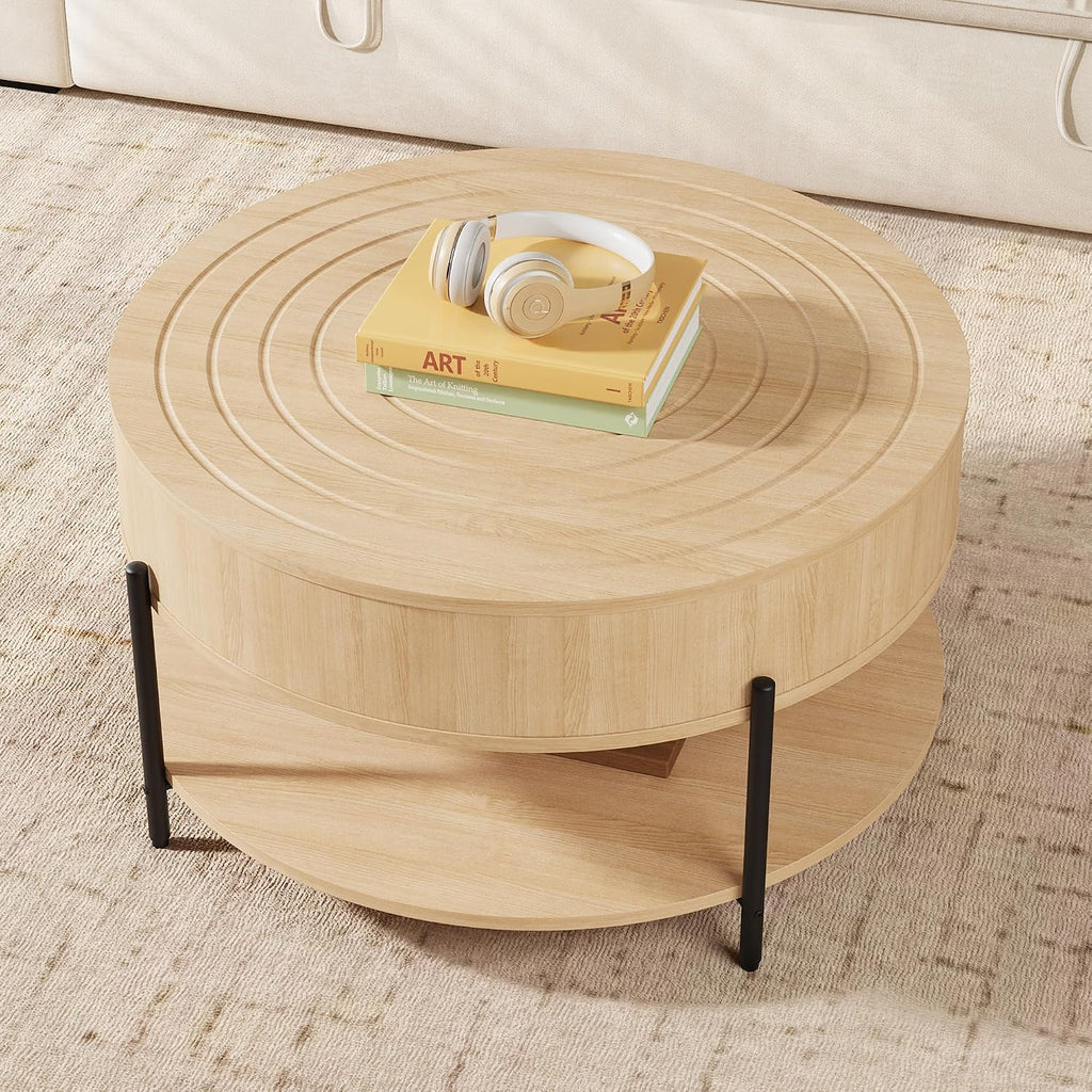RARZOE 30.5' Round Coffee Table with Storage, Wooden Circle Coffee Table with Drawer, Storage Shelf, Metal Legs，Small Dining Table Accent Center Table for Living Room Home Office Apartment,Natural