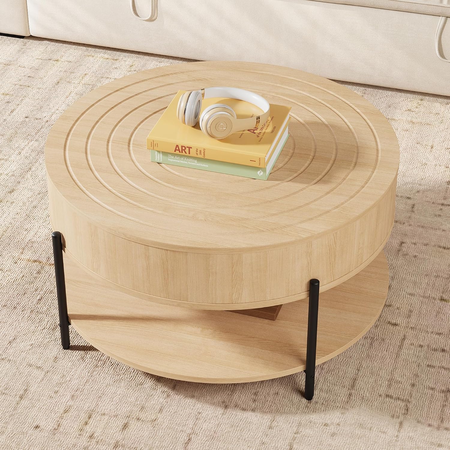 RARZOE 30.5' Round Coffee Table with Storage, Wooden Circle Coffee Table with Drawer, Storage Shelf, Metal Legs，Small Dining Table Accent Center Table for Living Room Home Office Apartment,Natural
