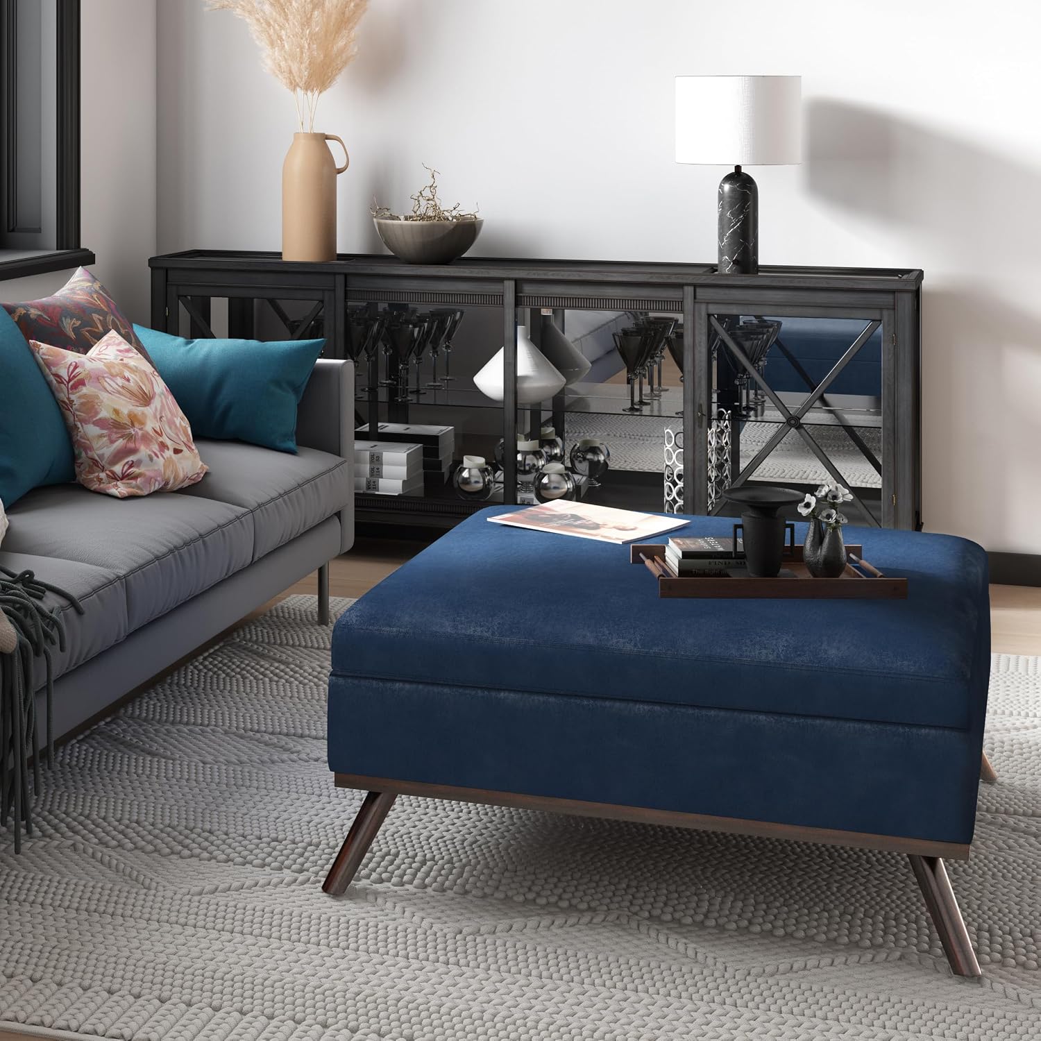 SIMPLIHOME Owen Square Coffee Table Storage Ottoman - 36 inch Wide Upholstered Vegan Leather Lift-Top Ottoman in Distressed Dark Blue, Mid-Century Modern Ottoman for Living Room with Tufted Detail