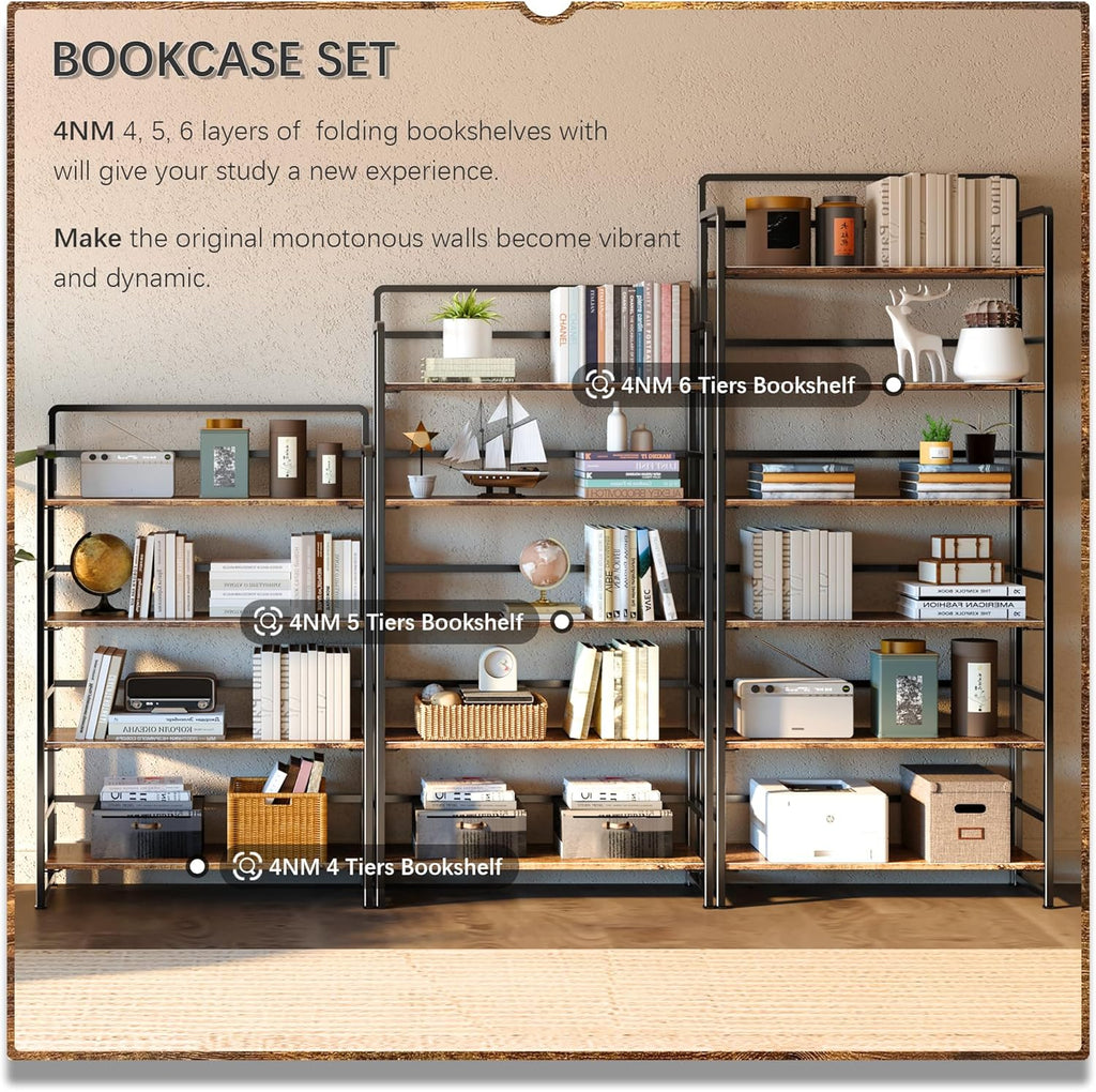 4NM No Assembly Extra Wide 6 Tiers Folding Bookshelf Storage Shelves Vintage Bookcase Standing Racks Study Organizer Home Office (Rustic Brown Black)
