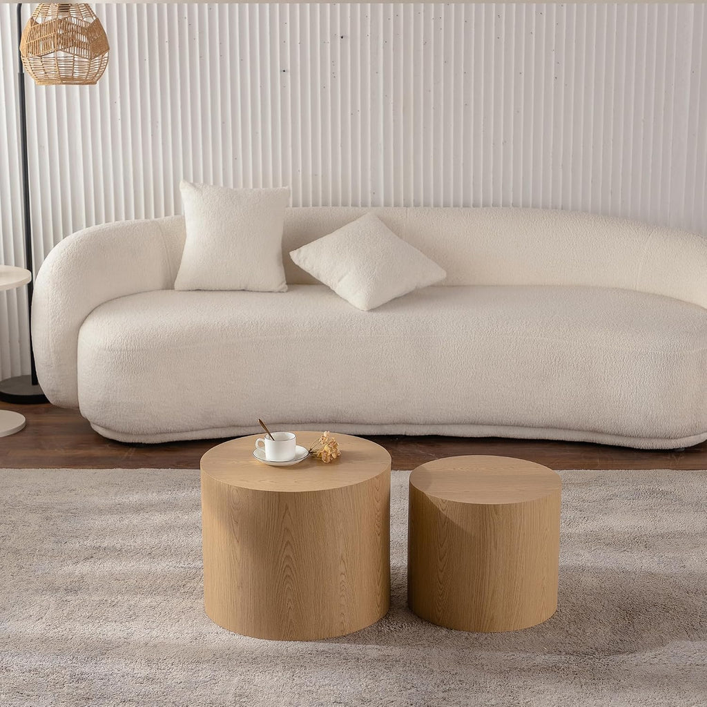 GDFStudio Round Nesting Coffee Table Set of 2, Modern Wooden Accent Side Table, Space Saving Small Circular Tea Coffee Tables and End Tables Sets for Living Room Small Space, No Assembly, Natural Wood