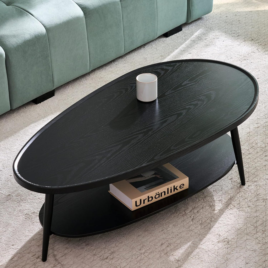 AGV Oval Coffee Table with Storage Shelf 47' Mid Century Modern Coffee Table,Black Wood Finish MDF Top with Black Metal Legs for Living Room,Office or Small Space