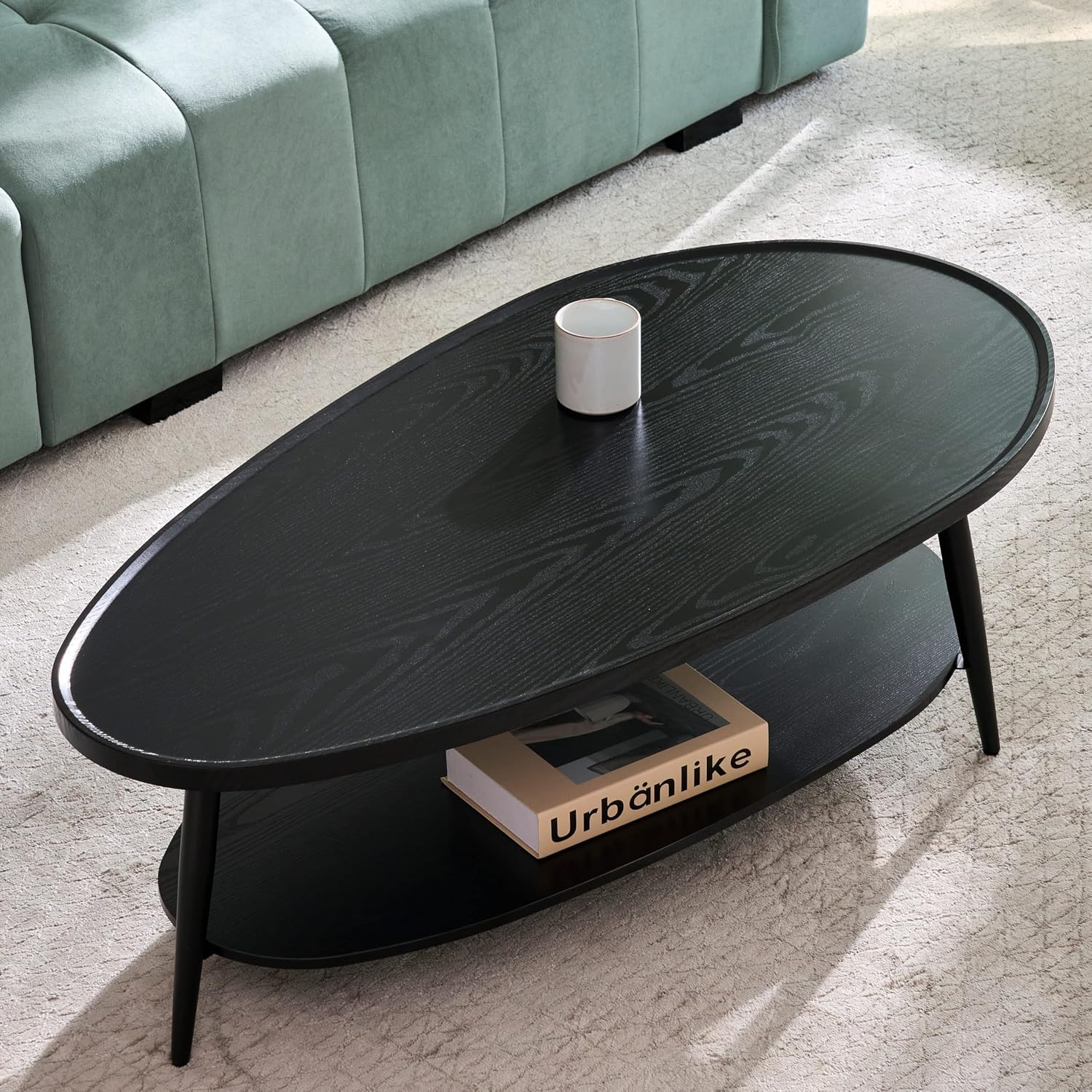 AGV Oval Coffee Table with Storage Shelf 47' Mid Century Modern Coffee Table,Black Wood Finish MDF Top with Black Metal Legs for Living Room,Office or Small Space