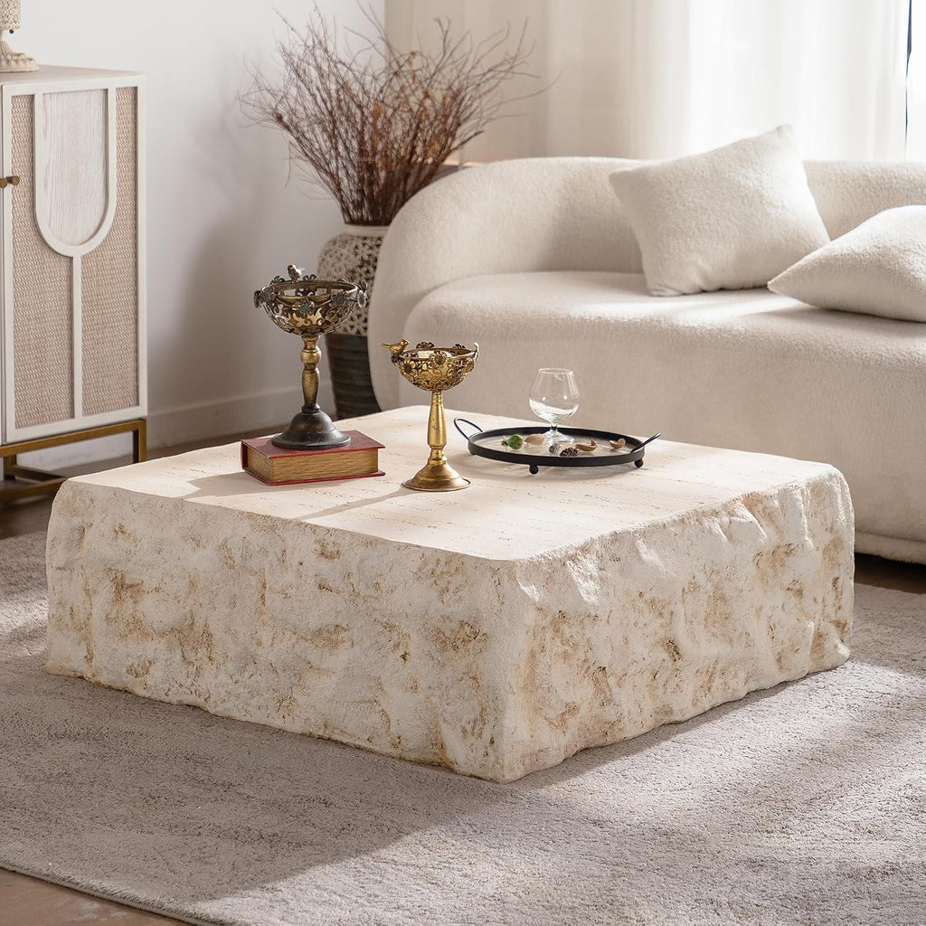 GDFStudio Modern Lightweight Concrete Coffee Table, Indoor Outdoor Square Accent Table, Mid Century MGO Side Tables, Faux Stone Sofa Tables for Living Room Office Apartment, No Assembly, Amber+Beige