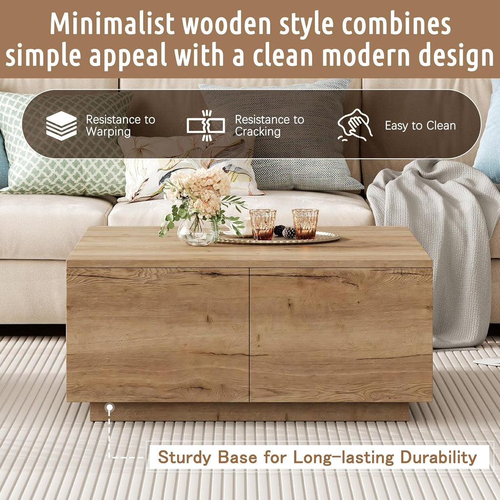 SSLine Square Coffee Table with 4 Storage Drawers,33.2-Inch Natural Wooden Coffee Table for Living Room Minimalist Cocktail Center Tables for Small Space