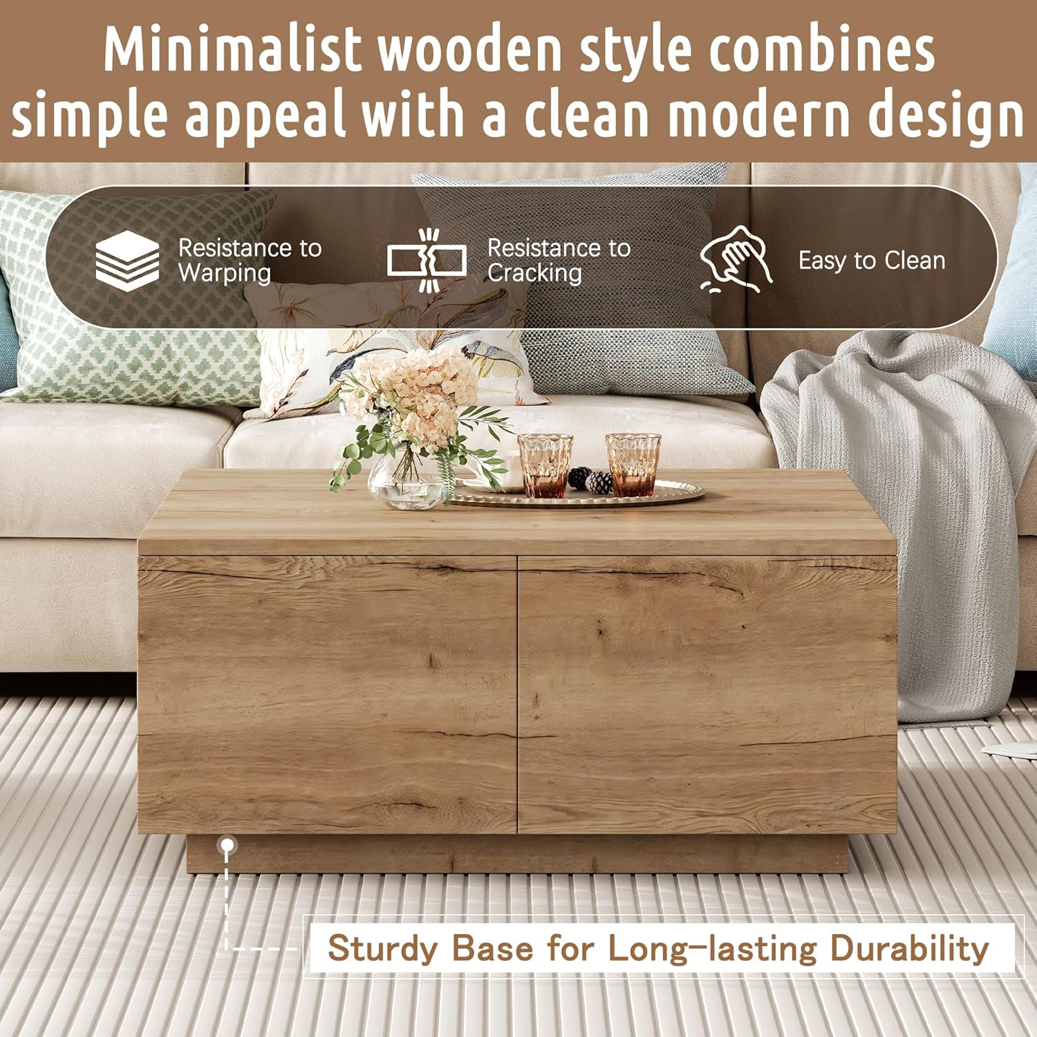 SSLine Square Coffee Table with 4 Storage Drawers,33.2-Inch Natural Wooden Coffee Table for Living Room Minimalist Cocktail Center Tables for Small Space