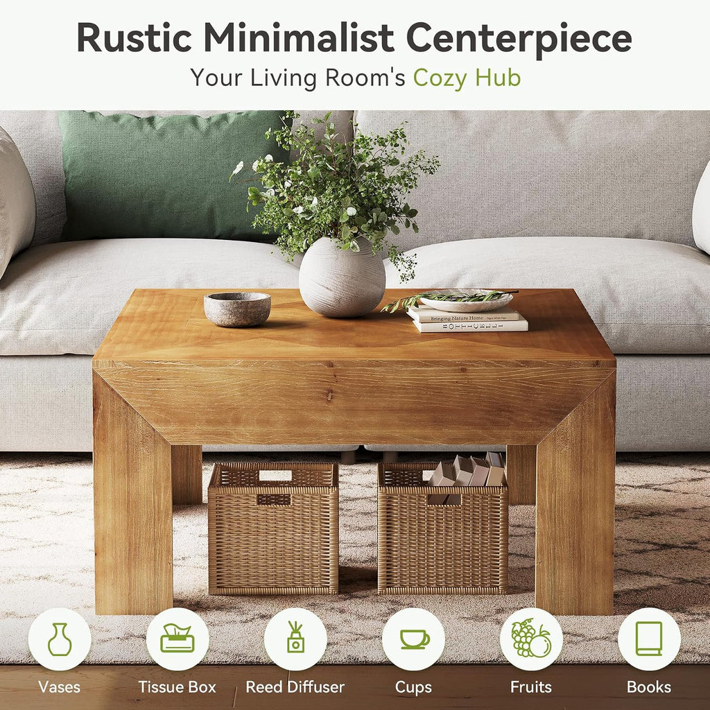 LITTLE TREE 39.4' Solid Wood Coffee Table, Square Coffee Table with Intricate Inlaid Top & Sturdy Legs, Rustic Center Tables for Living Room, Easy Assembly, Brown, 39.4' L x 39.4' W x 19.7' H
