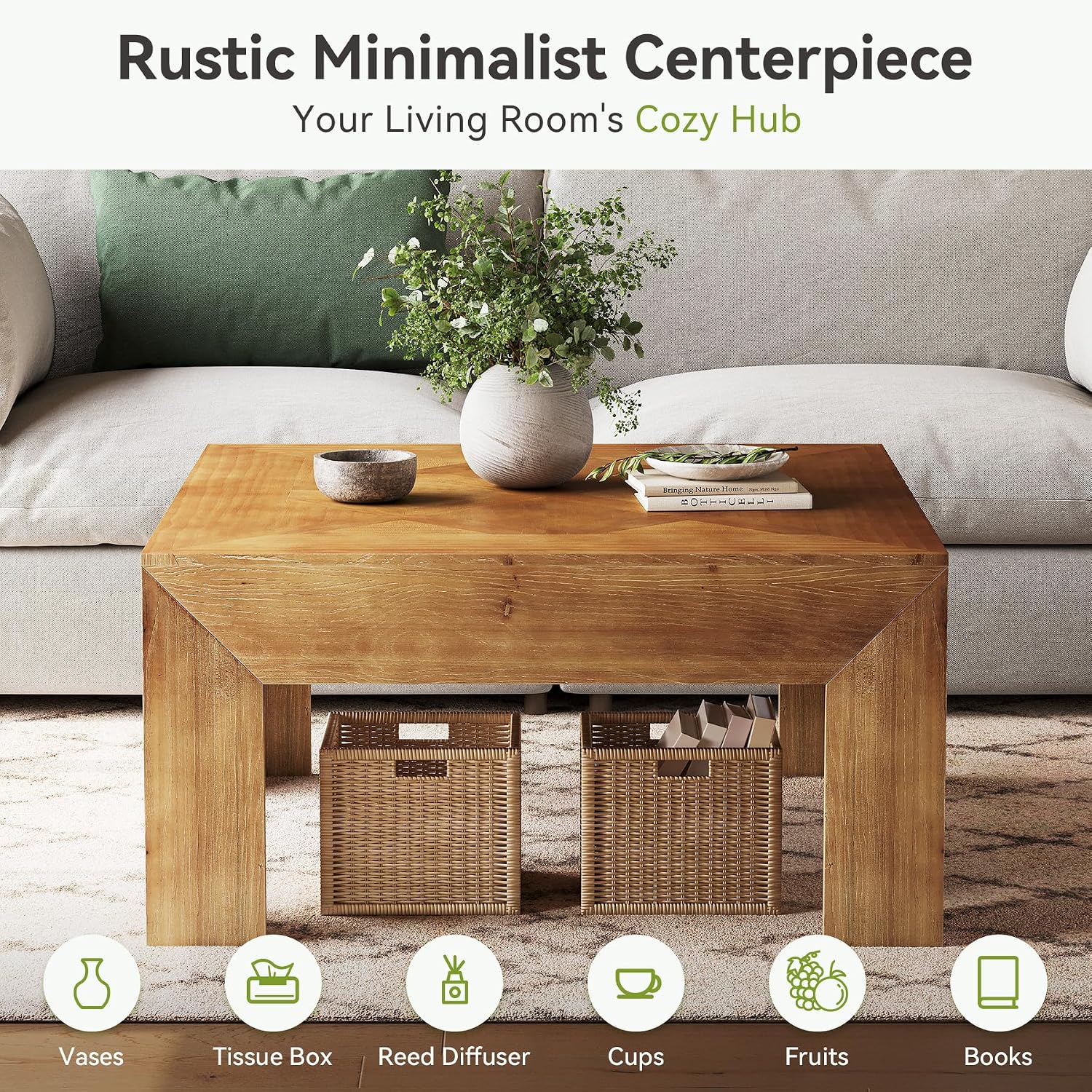 LITTLE TREE 39.4' Solid Wood Coffee Table, Square Coffee Table with Intricate Inlaid Top & Sturdy Legs, Rustic Center Tables for Living Room, Easy Assembly, Brown, 39.4' L x 39.4' W x 19.7' H
