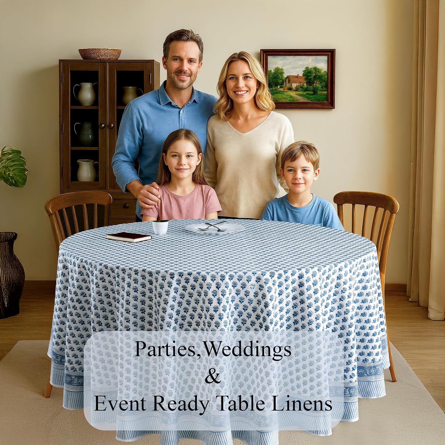 CPC Apatite Blue Block Print Cotton Handmade Round Tablecloth 132 Inch Decorative Table Cover for Home Decor, Dinning, Festive, Wedding, Farmhouse Gift for Spring, Mother's Day