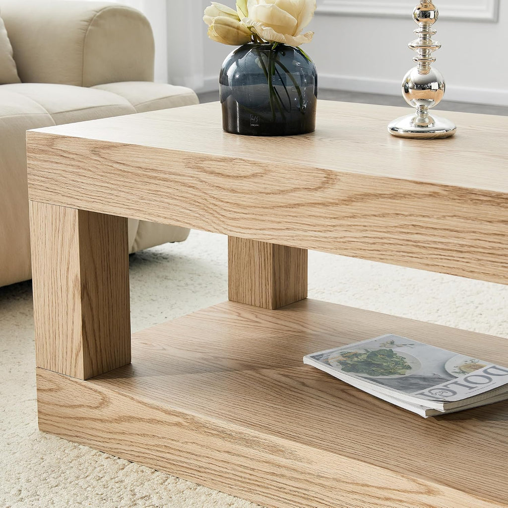 39.4' Coffee Table with Storage, 2-Tier Wood Coffee Table with 4' Thick Tabletop, Mid Century Modern Cocktail Center Tea Tables with Bottom Shelf for Living Room, Office, Apartment,Light Wood