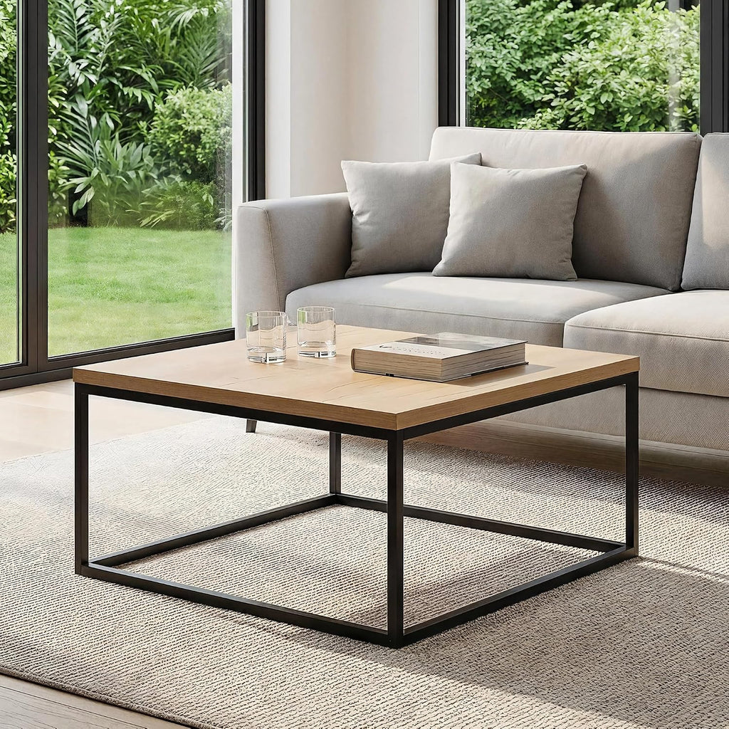 CENSI 30' Square Coffee Table, Natural Oak Light Wood Center Table for Living Room, Modern Industrial Farmhouse Cocktail Table, Extra Thick 1.2' Top with Sturdy Metal Frame, Scandi Style