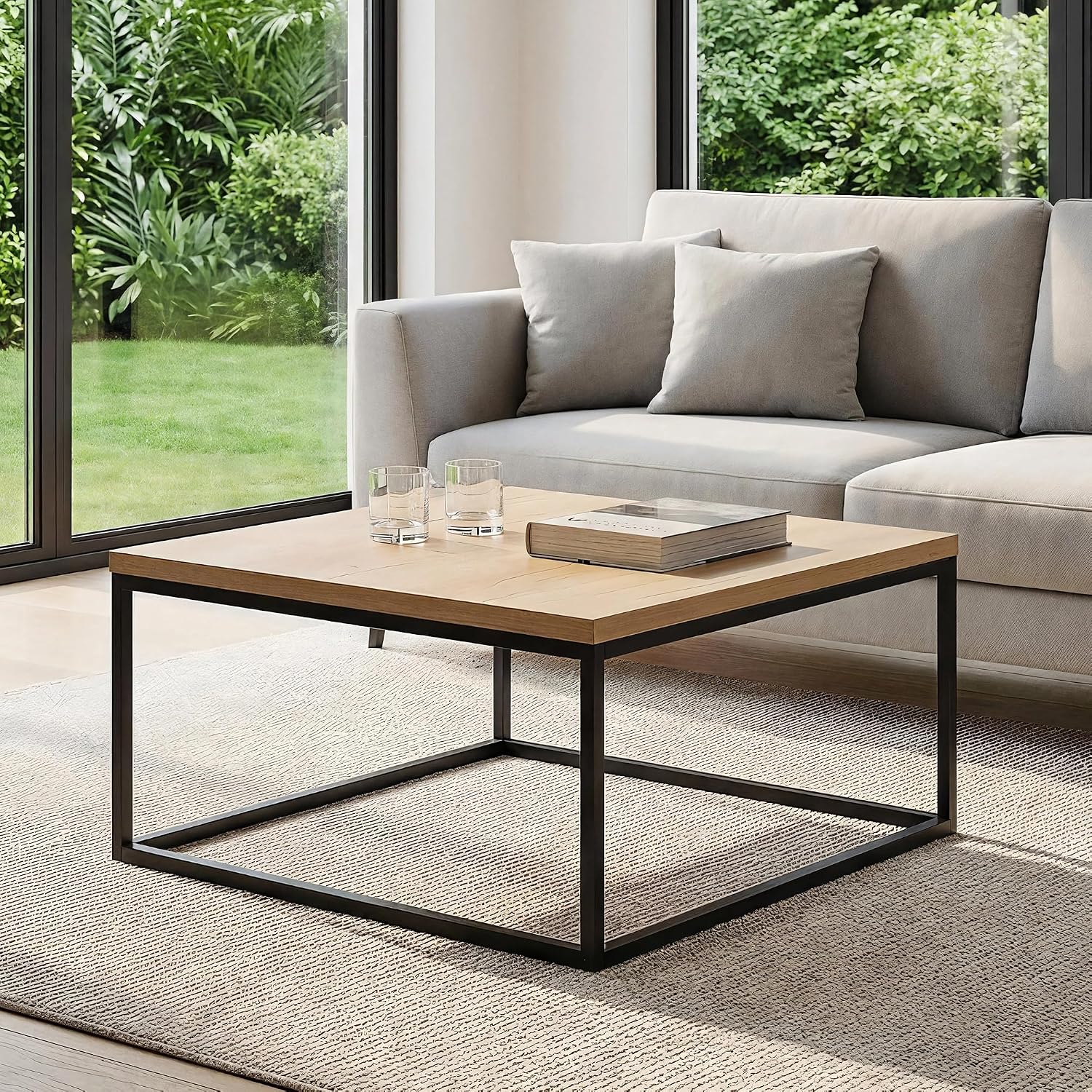 CENSI 30' Square Coffee Table, Natural Oak Light Wood Center Table for Living Room, Modern Industrial Farmhouse Cocktail Table, Extra Thick 1.2' Top with Sturdy Metal Frame, Scandi Style