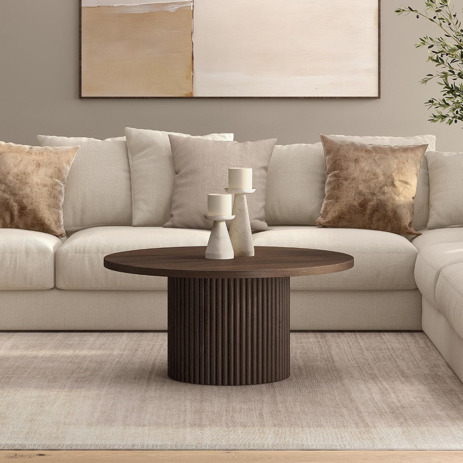 Henn&Hart 32' Fluted Round Pedestal Low-Profile Coffee Table for Living Room, Family Room, Office, or Apartment, Heritage Oak