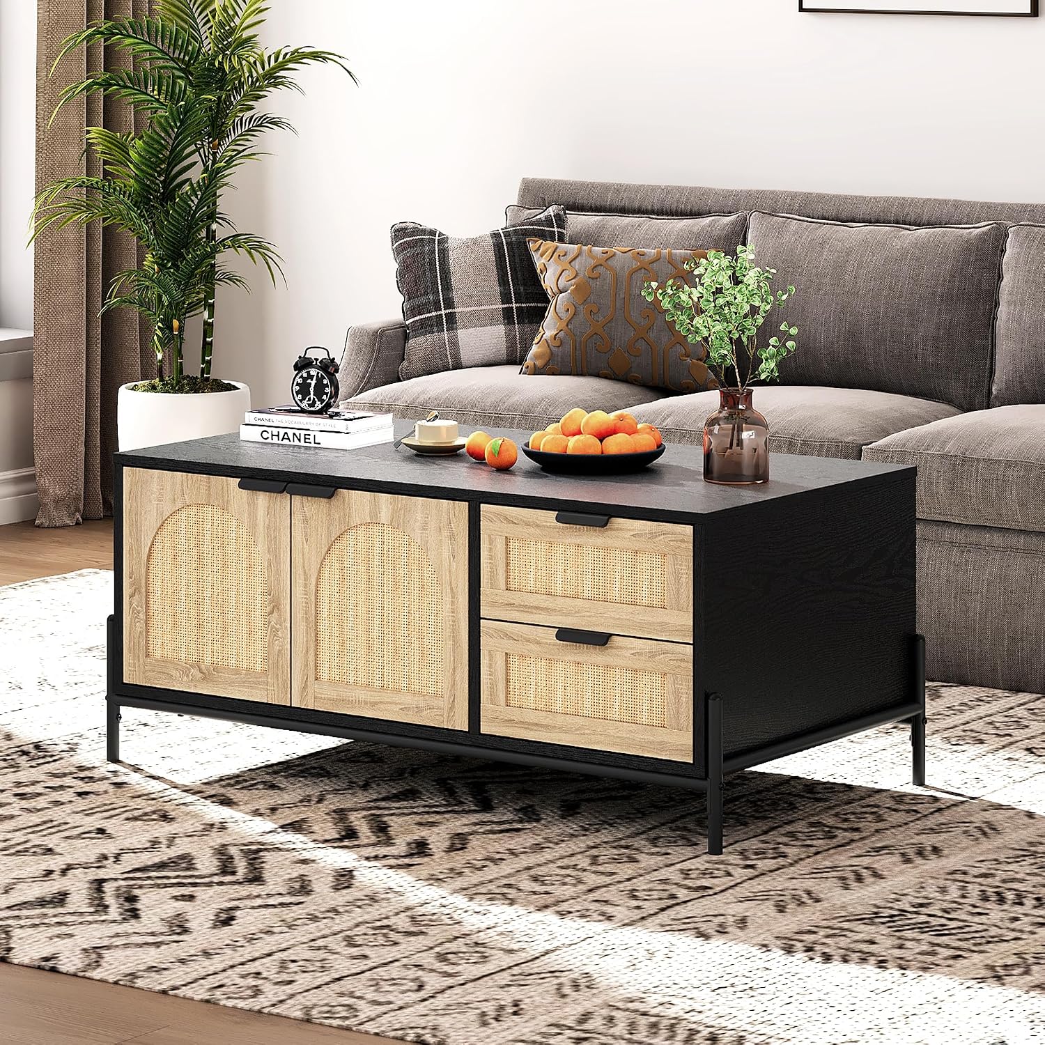 Mid Century Modern Rattan Coffee Table with Storage, Boho Rectangle Center Table with 2 Drawers, Open Shelf & Cabinet, Living Room Table with LED Lights, Wood and Metal Frame, Natural Oak and Black