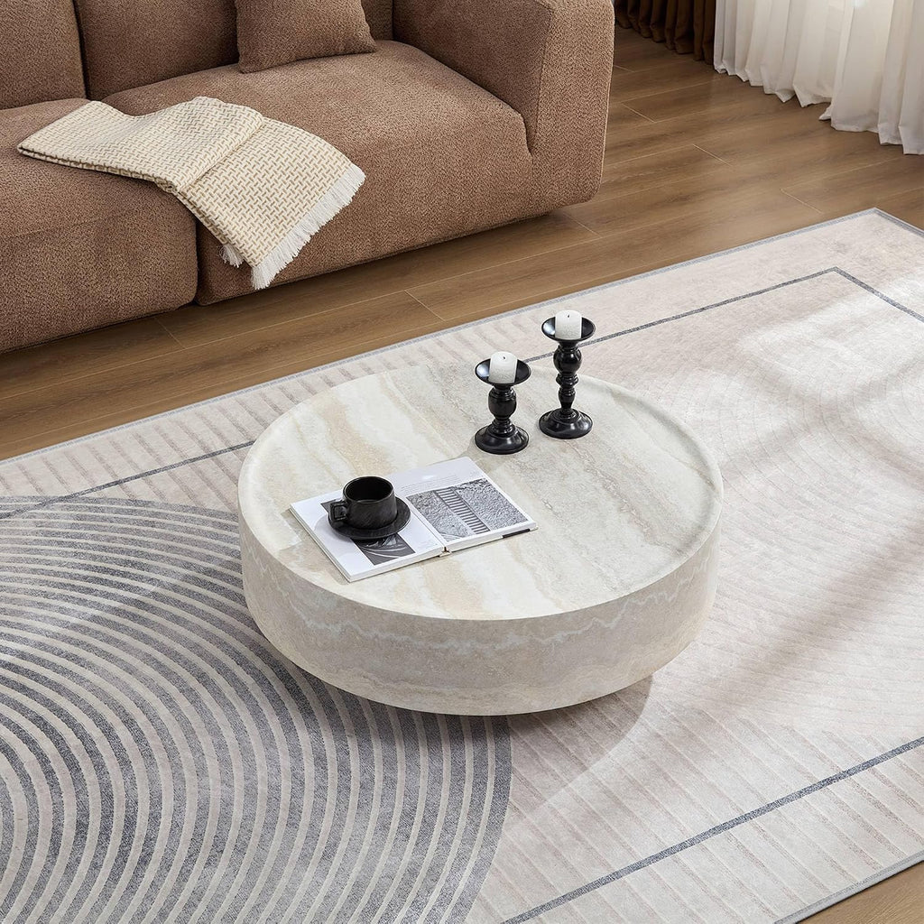 Round Coffee Tables for Living Room, Faux Mars Pattern Pedestal CoffeeTables Mid Century Modern Minimalist Side Tables Travertine Stone Pattern Accent End Table for Apartment, Office Fibgerglass Beige