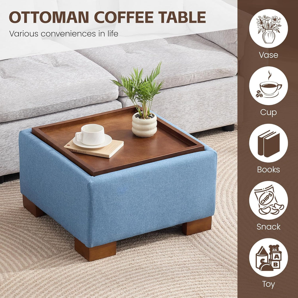 WUTUTUEE 24' Square Ottoman Coffee Table with Storage, Fabric Ottomans with Tray and Solid Wood Legs for Living Room, Bedroom and Apartments, Small Modern Ottoman Tea Table with Lift-Off Lid, Blue