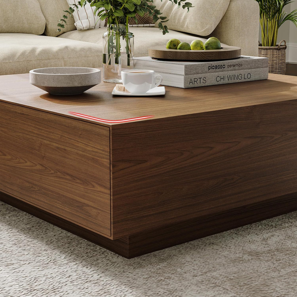 POVISON Modern Square Coffee Table with Storage, 35.43' Wood Coffee Table for Living Room Table Walnut, Fully Assembled