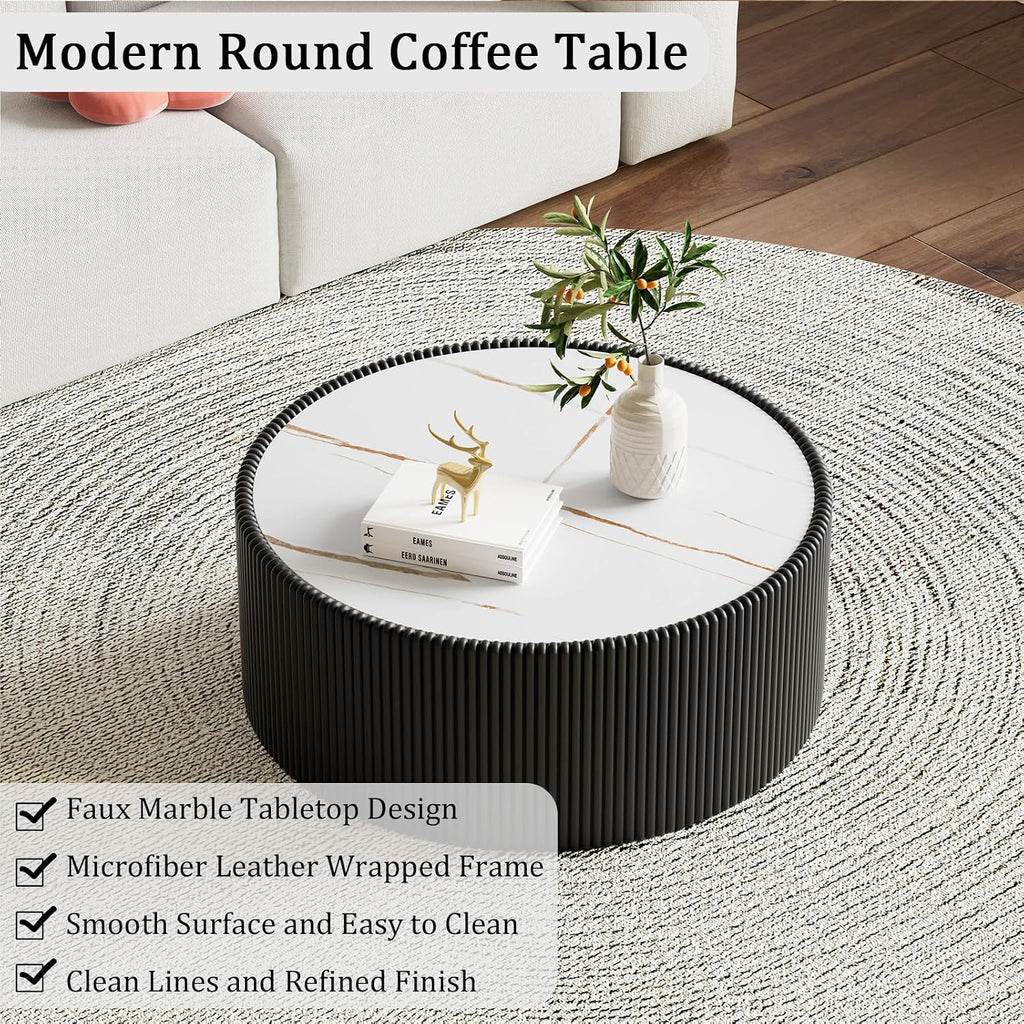 Round Coffee Table Set with Sintered Stone Tabletop, 29.52' Black Drum Center Table and 17.71' White Coffee Table Set, 2 Pieces Living Room Table Set with Fluted PU Leather Cover& Stable Base