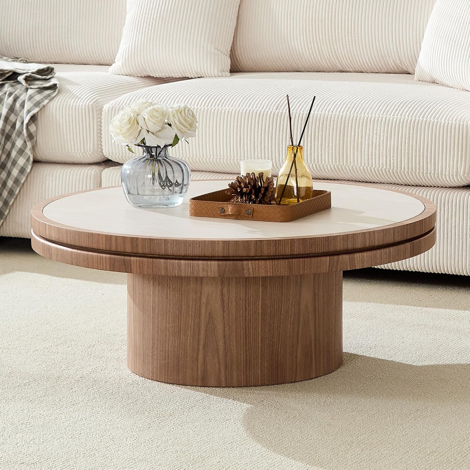 JUSTONE 35.43''Round Coffee Table,Farmhouse Wood Coffee Table for Living Room Apartment,Easy Assembly,Walnut(ø35.43'' x 13.78'')