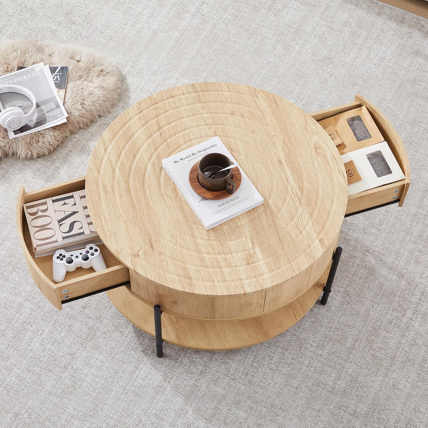 RARZOE 30.5' Round Coffee Table with Storage, Wooden Circle Coffee Table with Drawer, Storage Shelf, Metal Legs，Small Dining Table Accent Center Table for Living Room Home Office Apartment,Natural
