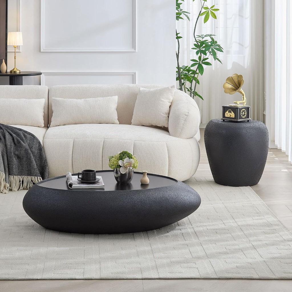 WILLIAMSPACE 47.24' Oval Coffee Table with Grainy Matte Rocks Pattern, Modern Faux Stone Irregular Center Table, Drum Fiberglass Coffee Table Accent Side Table End Table for Living Room (Black)
