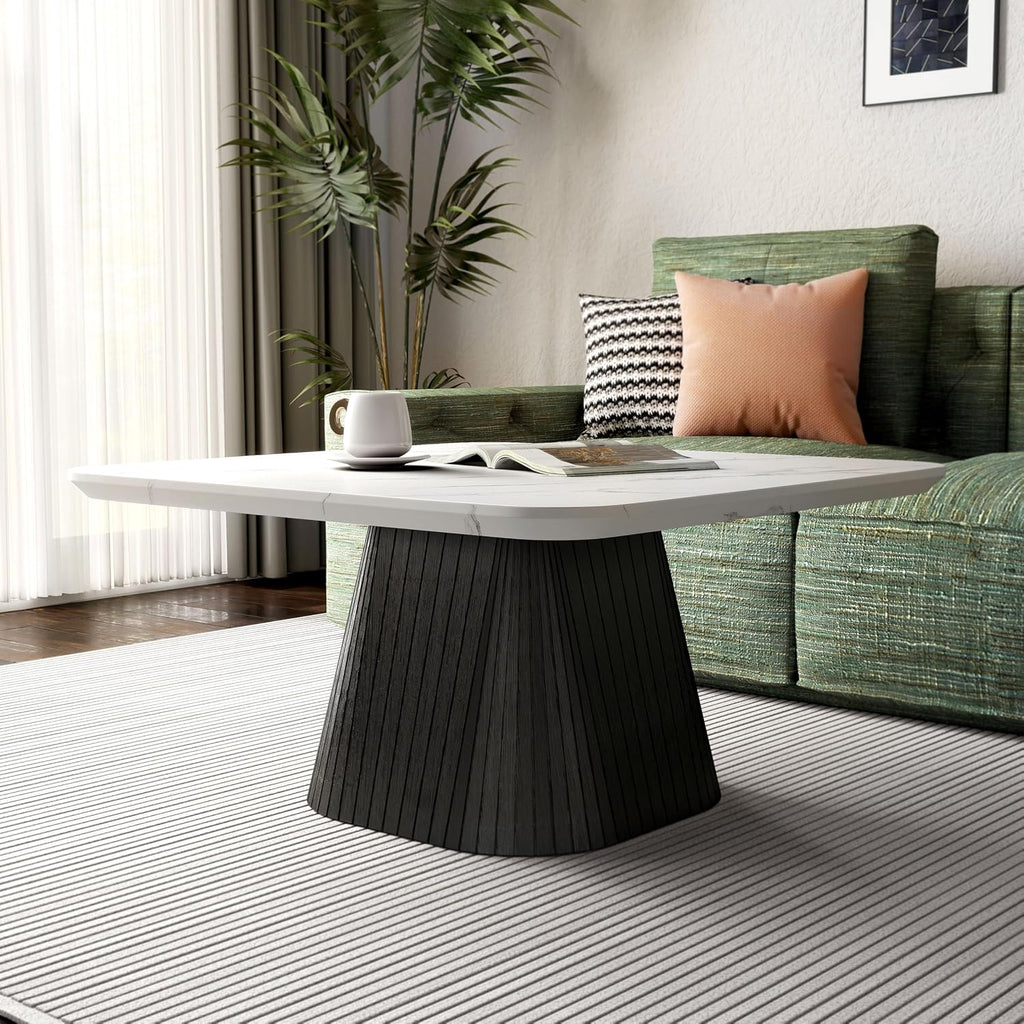 Furniture of America Coraly Modern 36-inch Square Coffee Table with High Gloss Faux Marble Top and Fluted Pedestal Base for Small Space, Living Room, Home Office, Black and White