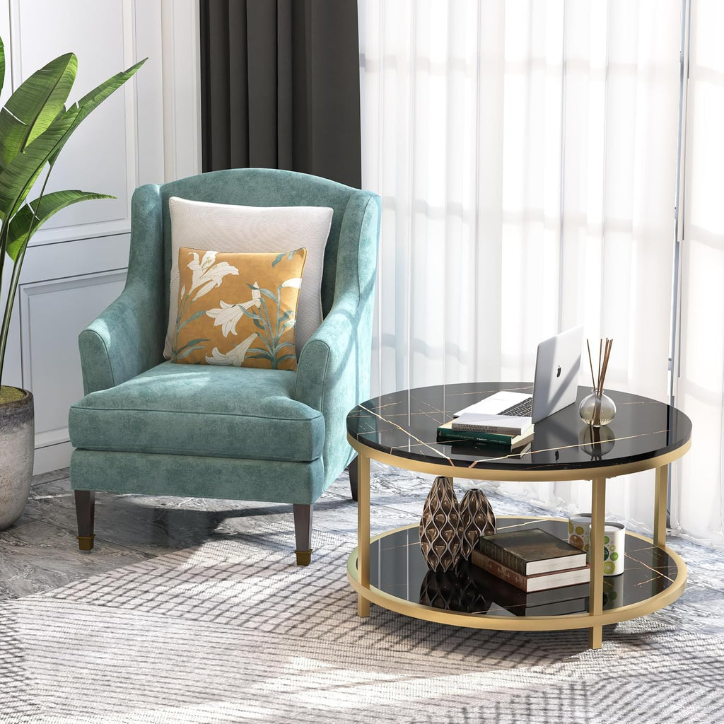 WiberWi Round Coffee Table 33.5' Coffee Tables for Living Room High Glossy Faux Balck Marble Top Modern Circle Table Sturdy Gold Metal Frame Legs Cocktail Table with Storage Open Shelf