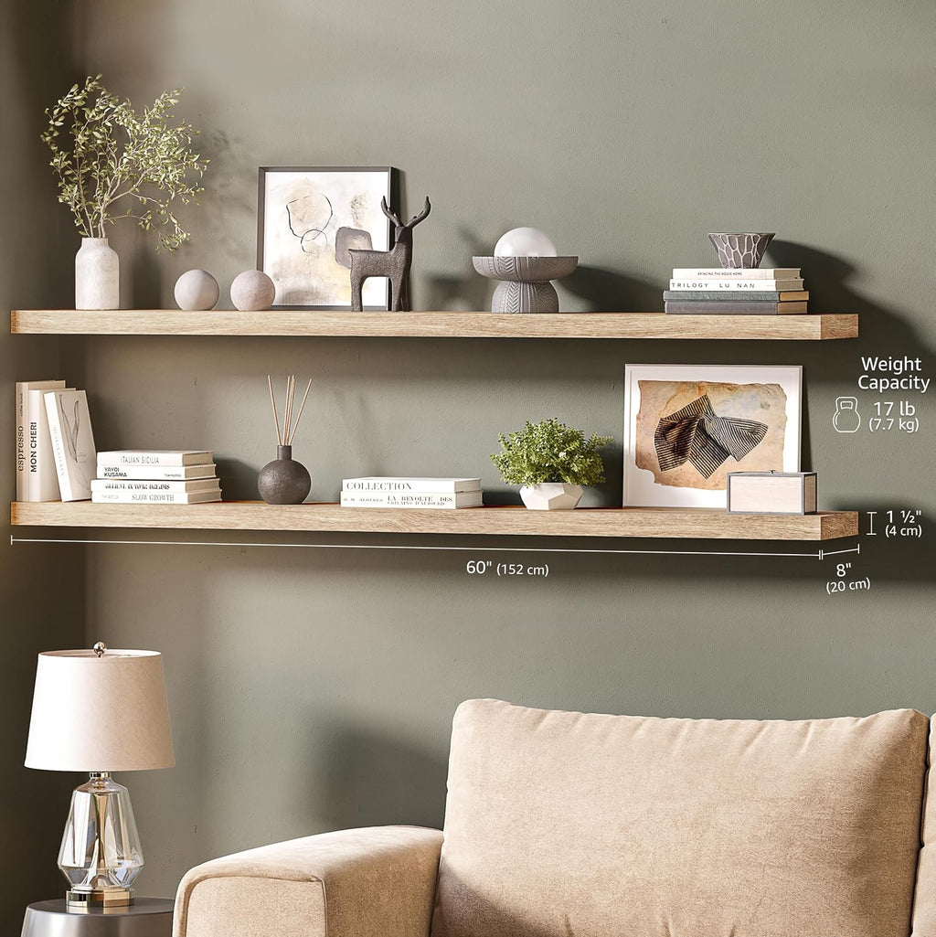 Ballucci Floating Shelves for Wall, 60' Wood Wall Shelf Set of 2, with Invisible Brackets for Bathroom, Living Room, Bedroom, Kitchen, Nursery, 8' Deep, Oak Finish