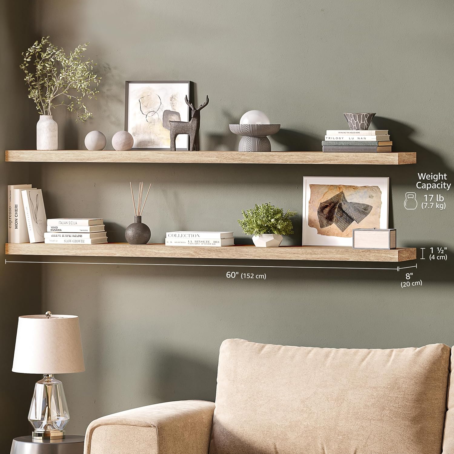 Ballucci Floating Shelves for Wall, 60' Wood Wall Shelf Set of 2, with Invisible Brackets for Bathroom, Living Room, Bedroom, Kitchen, Nursery, 8' Deep, Oak Finish