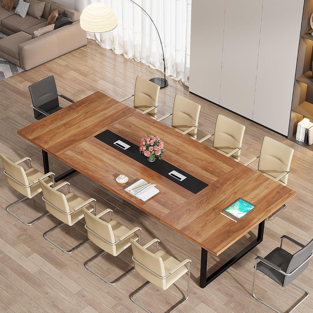 Tribesigns 8FT Conference Table Set of 2, Large Meeting Podcast Table for 10 People, Business Style Wooden Training Table with Strong Metal Frame for Office Conference