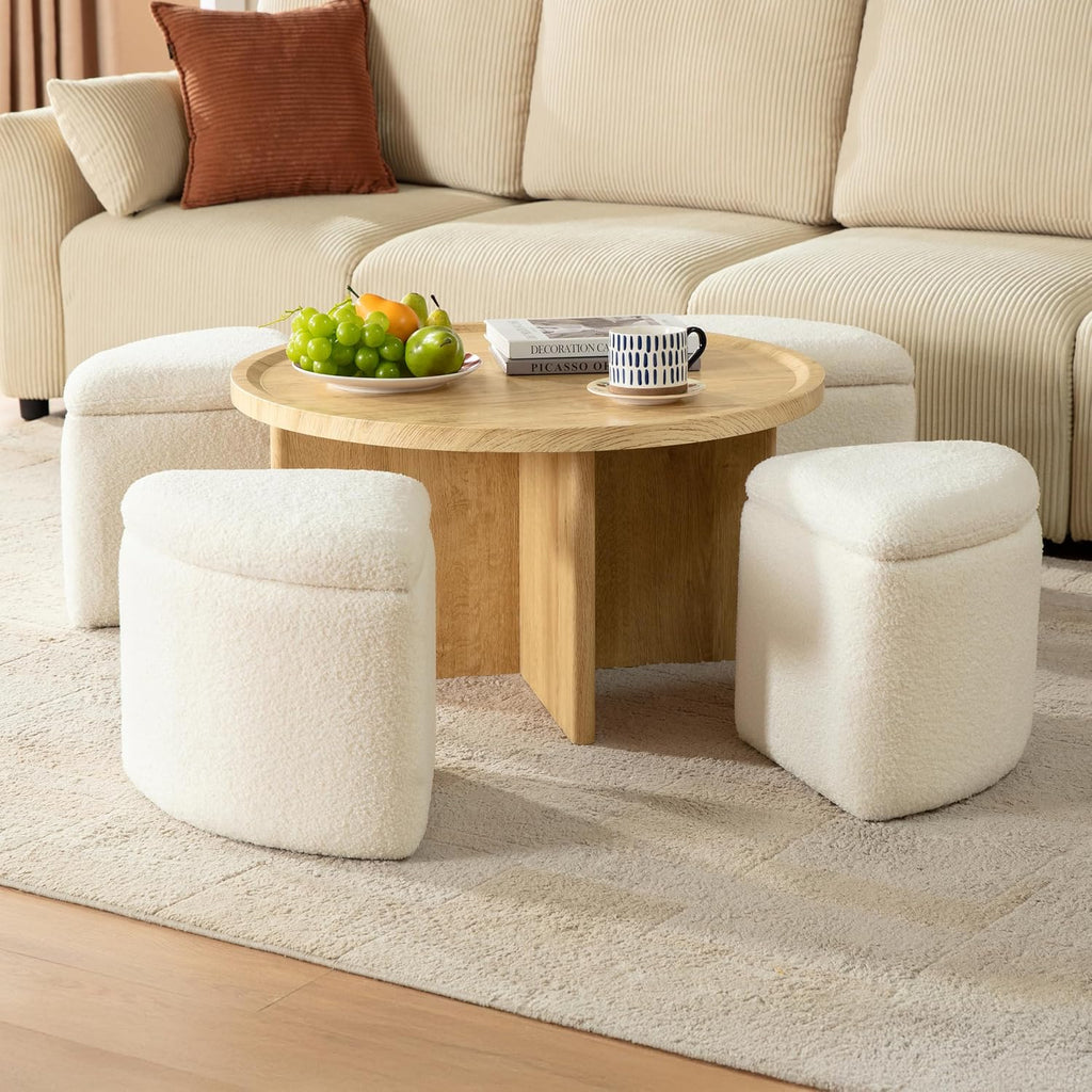 Square Coffee Table with Stools Underneath, Wood Ottoman Coffee Tables with 4 Boucle Storage Ottomans & Seats, Mid-Century Modern Coffee Table with Chairs for Living Room, Small Space, Natural&White