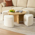 Square Coffee Table with Stools Underneath, Wood Ottoman Coffee Tables with 4 Boucle Storage Ottomans & Seats, Mid-Century Modern Coffee Table with Chairs for Living Room, Small Space, Natural&White